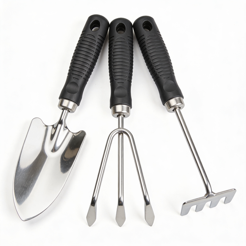 OrtoBiologicoFacile Kit da Giardinaggio 3 Pezzi - Set di Attrezzi da Giardino in Acciaio Inox con Manico Antiscivolo, Trapiantatore, Paletta e Zappetta Doppia per Orto, Serre e Fioriere