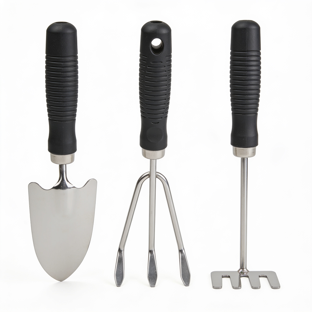 OrtoBiologicoFacile Kit da Giardinaggio 3 Pezzi - Set di Attrezzi da Giardino in Acciaio Inox con Manico Antiscivolo, Trapiantatore, Paletta e Zappetta Doppia per Orto, Serre e Fioriere
